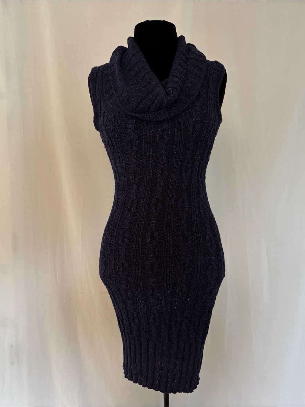 Baby Phat Navy Shimmer Cable Knit Sweater Dress Cowl Neck Y2K Party Glam Medium